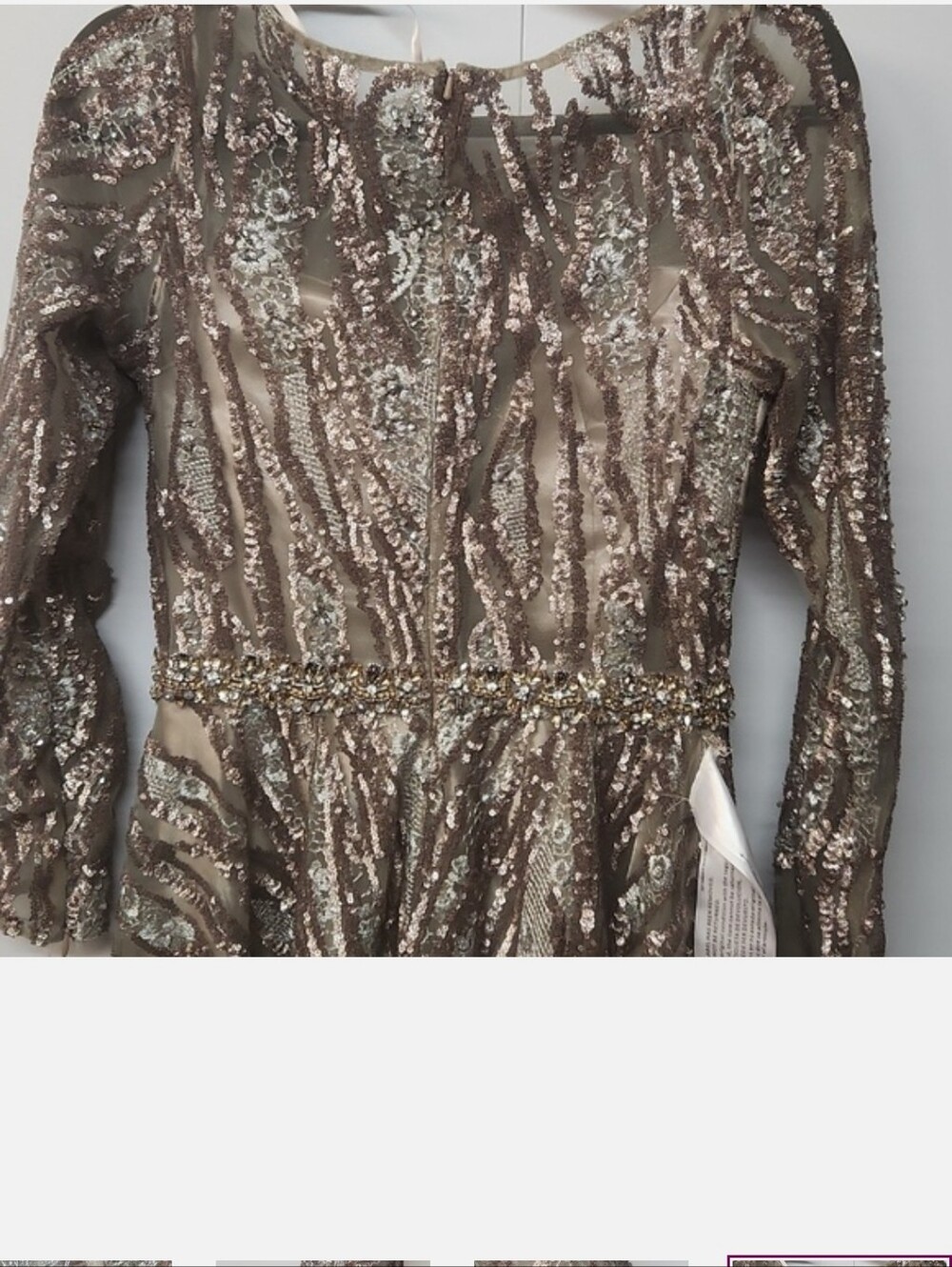 Mac Duggal Taupe Beaded Long Sleeve Evening Gown